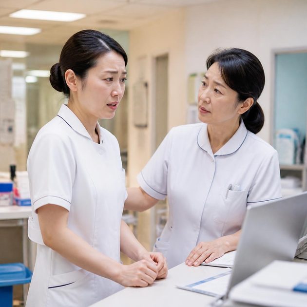 対応に悩み困ったスタッフがそれを師長に訴えている様子